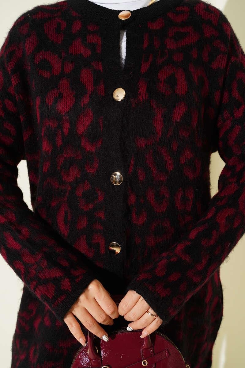 Leopar Desenli Şardonlu Triko Hırka Bordo