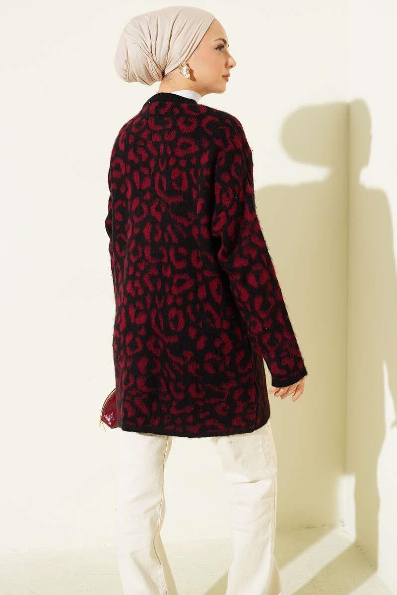 Leopar Desenli Şardonlu Triko Hırka Bordo