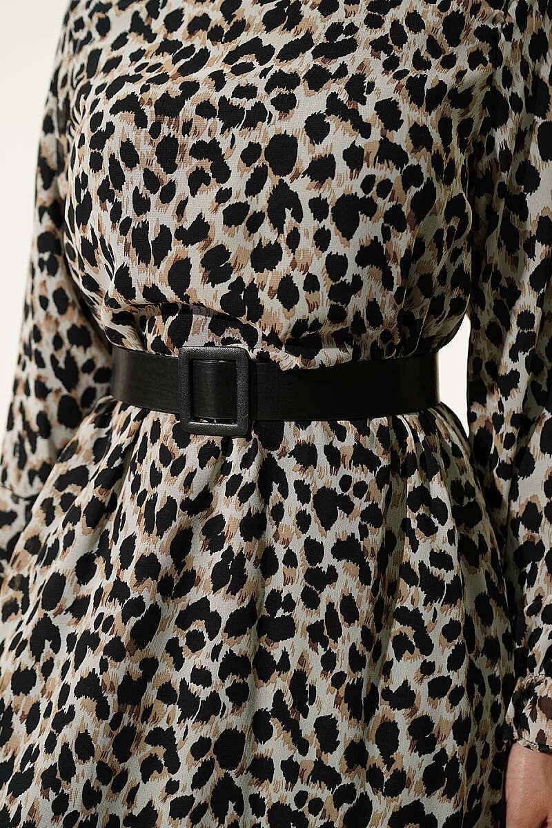 Leopar Desenli Şifon Elbise Siyah