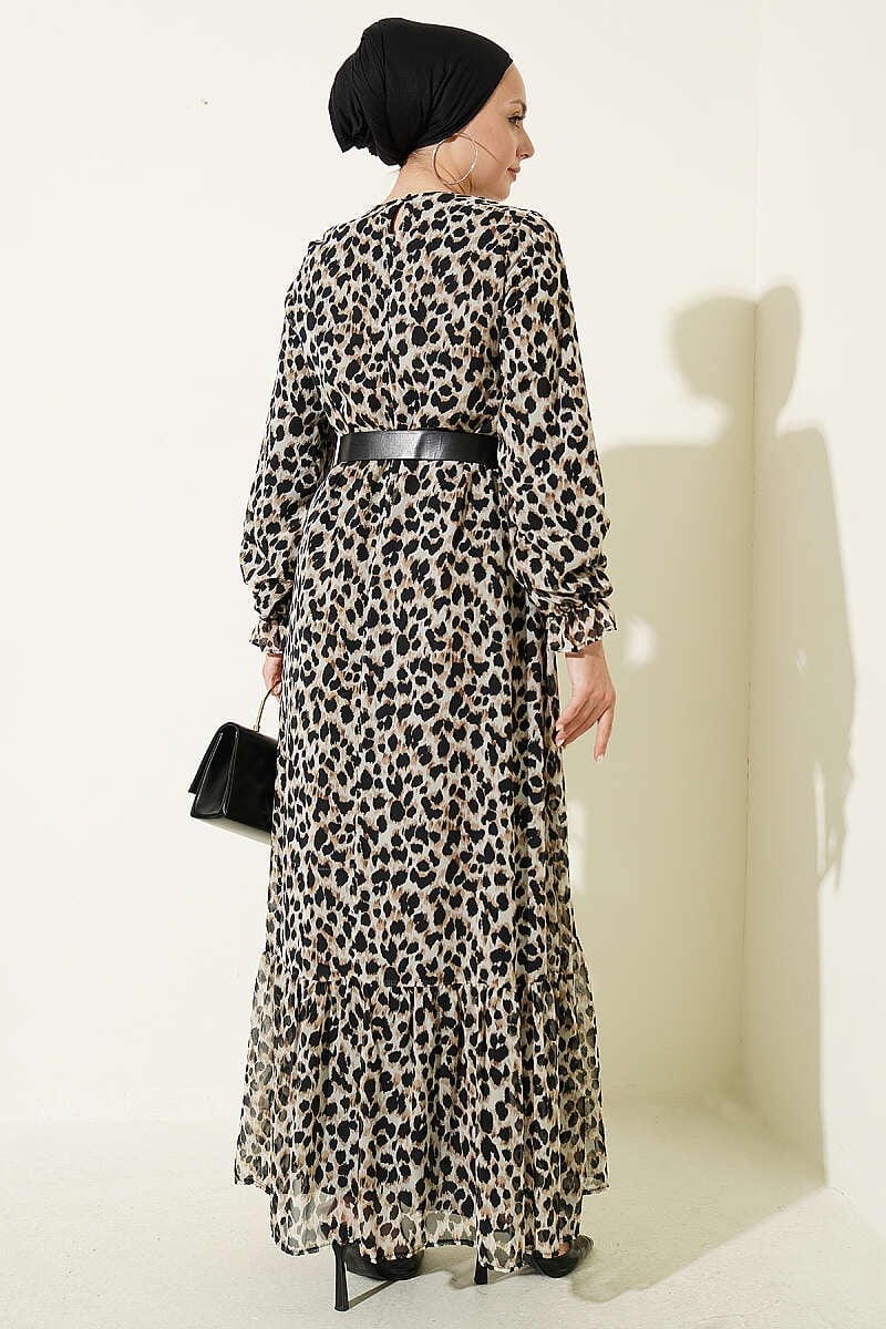 Leopar Desenli Şifon Elbise Siyah