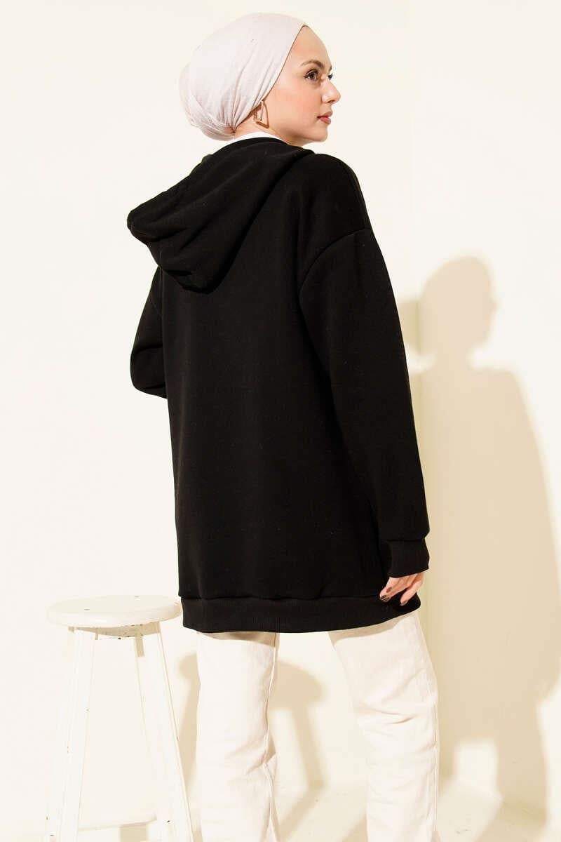 Leopar Kurdele Baskılı Üç İplik Sweatshirt Siyah