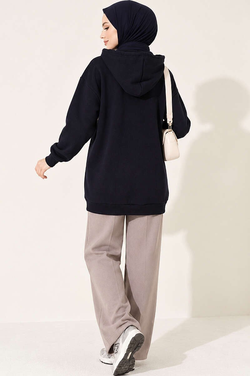 Leopar Kurdele Baskılı Üç İplik Sweatshirt Lacivert