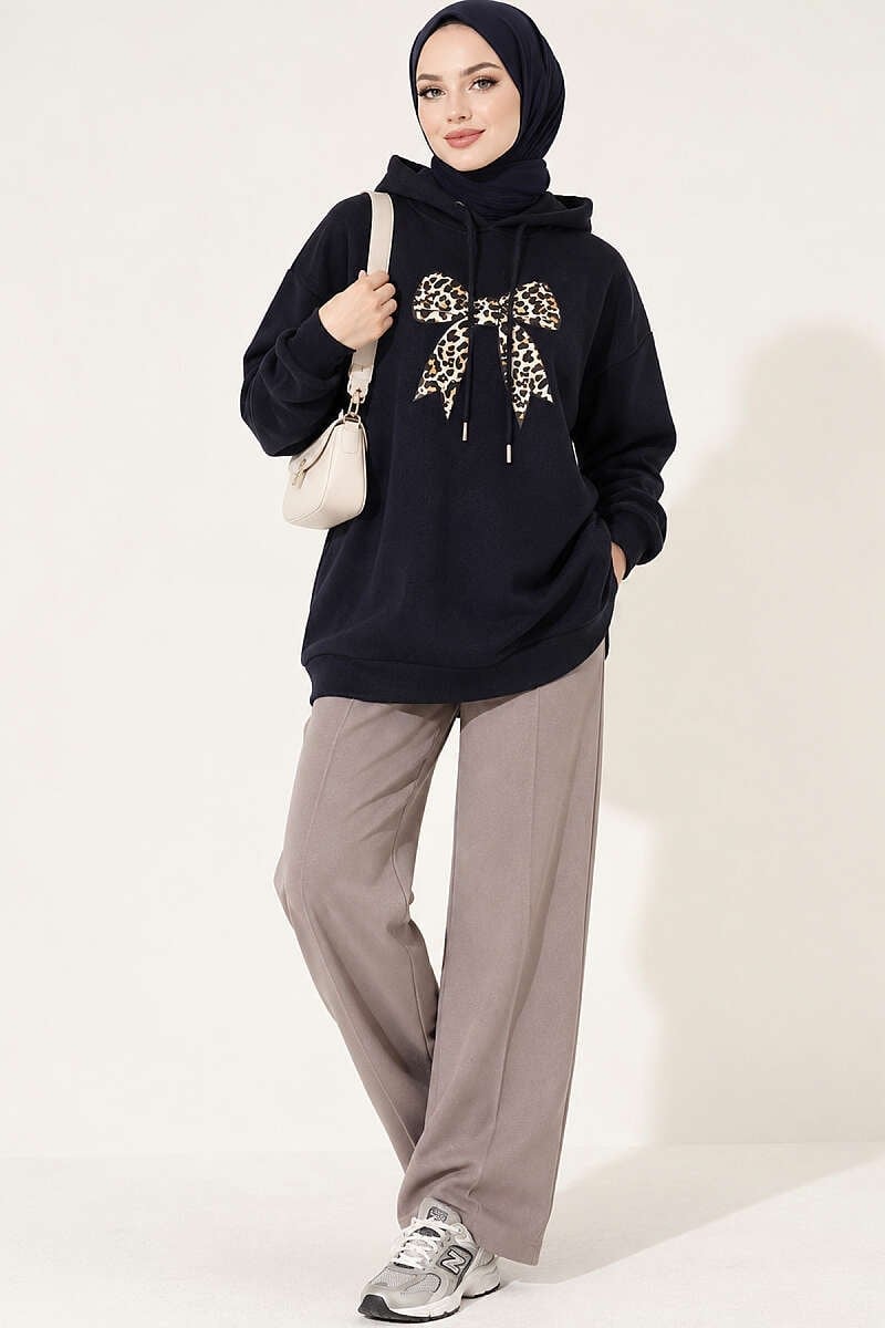 Leopar Kurdele Baskılı Üç İplik Sweatshirt Lacivert