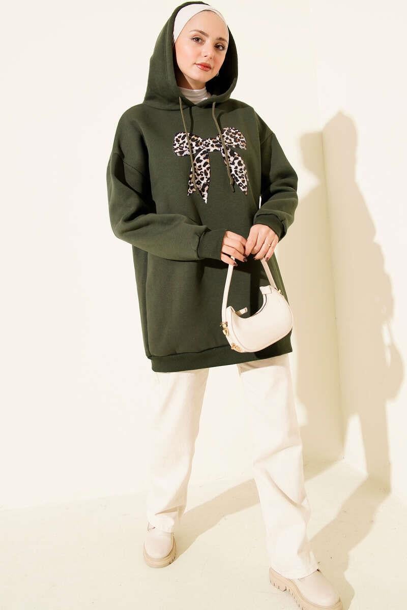 Leopar Kurdele Baskılı Üç İplik Sweatshirt Haki