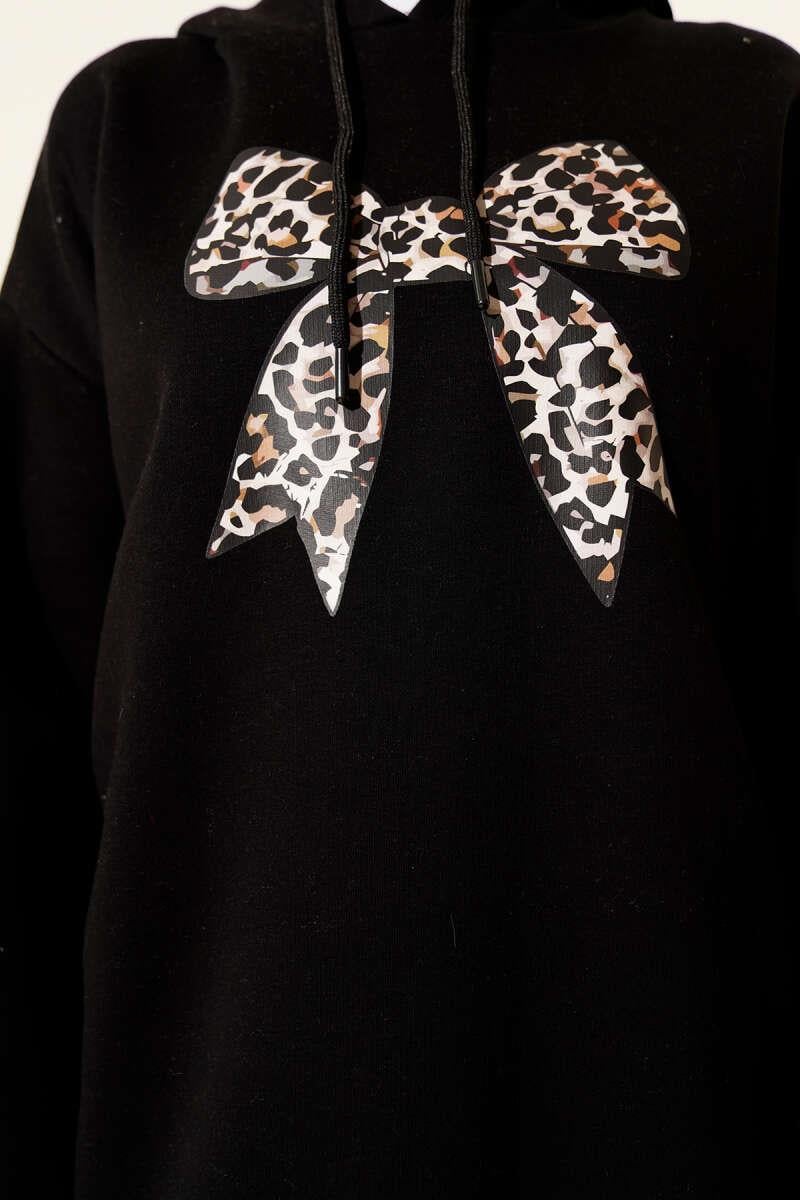 Leopar Kurdele Baskılı Üç İplik Sweatshirt Siyah