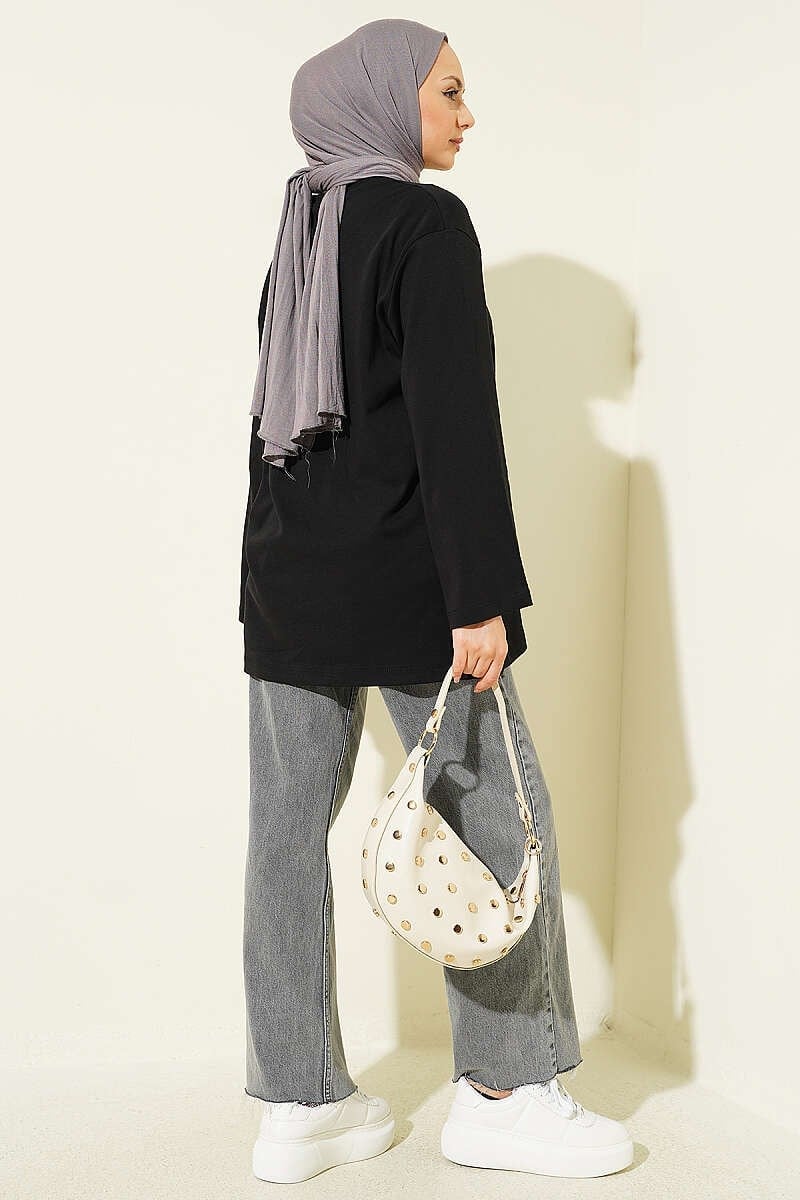 Lilyum Baskılı Basic Tunik Siyah