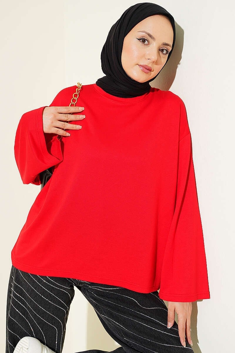 Loyşa Düşük Omuz Basic Tunik Kırmızı