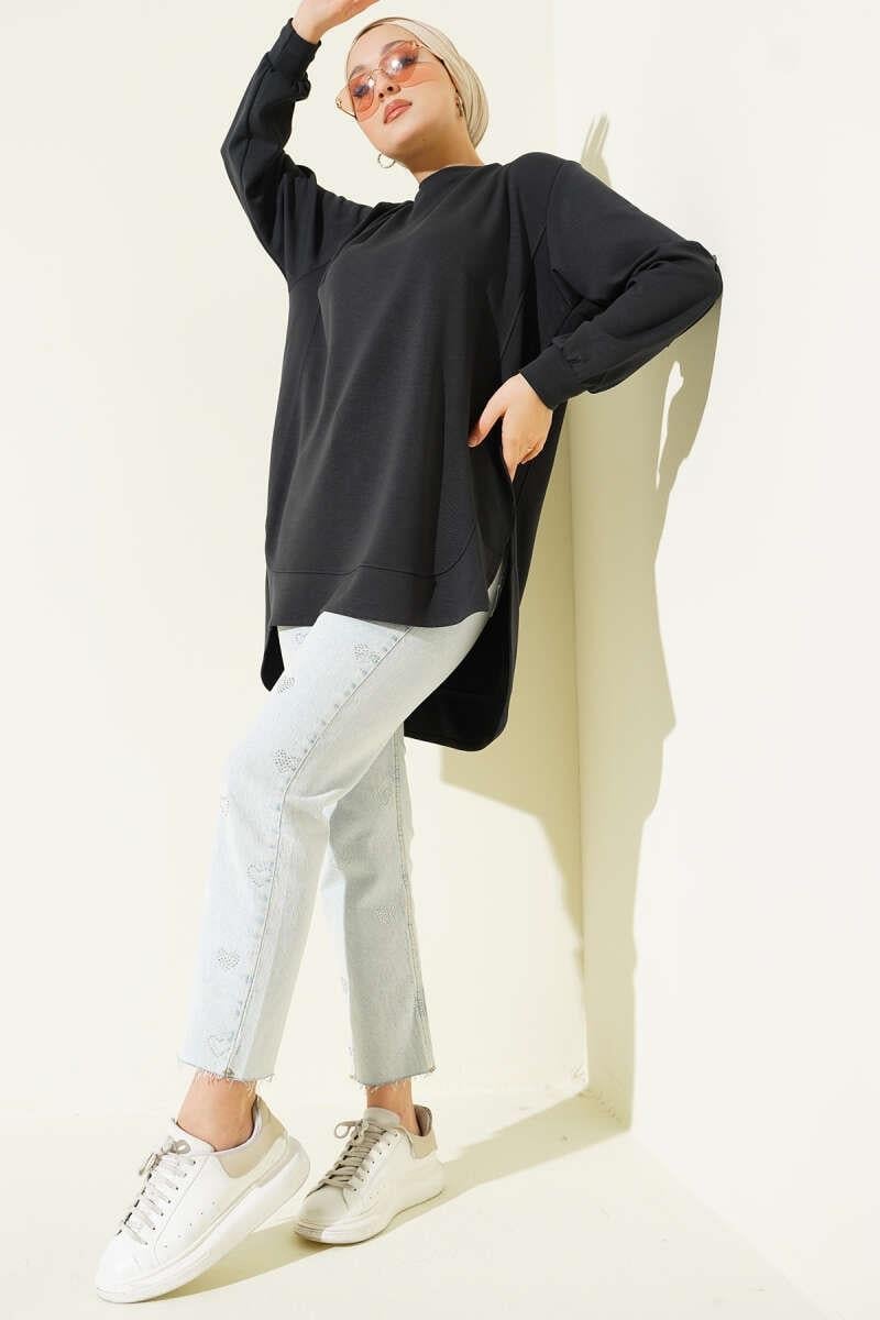 Loyşa Oval Kesim Oversize Tunik Antrasit