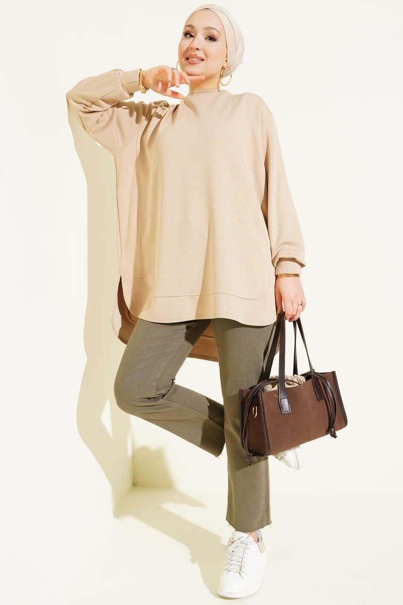 Loyşa Oval Kesim Oversize Tunik Bej