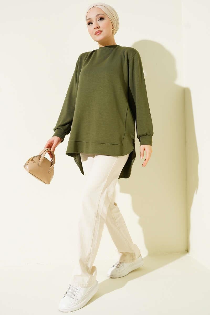 Loyşa Oval Kesim Oversize Tunik Haki