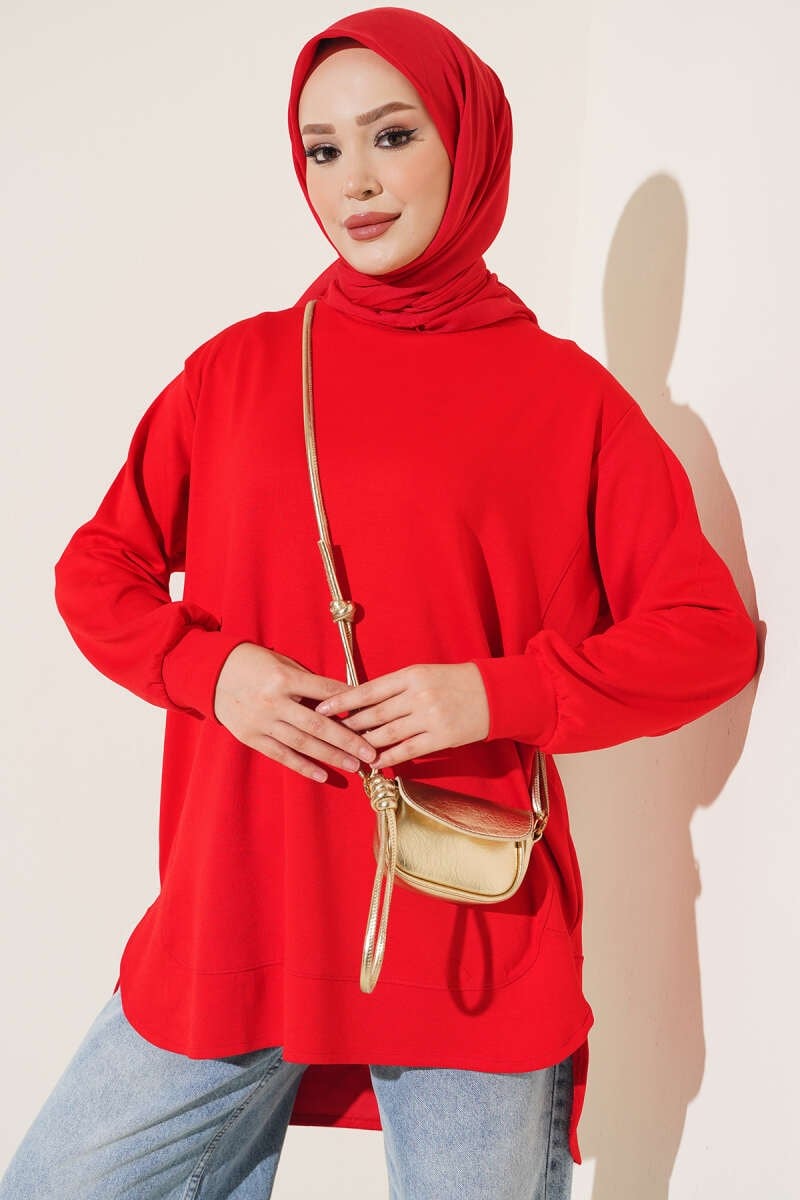 Loyşa Oval Kesim Oversize Tunik Kırmızı