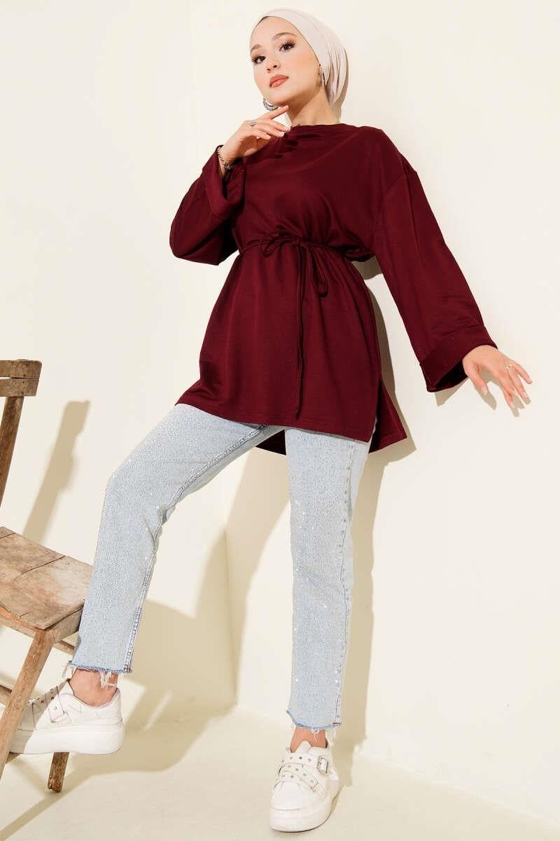 Loyşa Yan Yırtmaçlı Kuşaklı Tunik Bordo