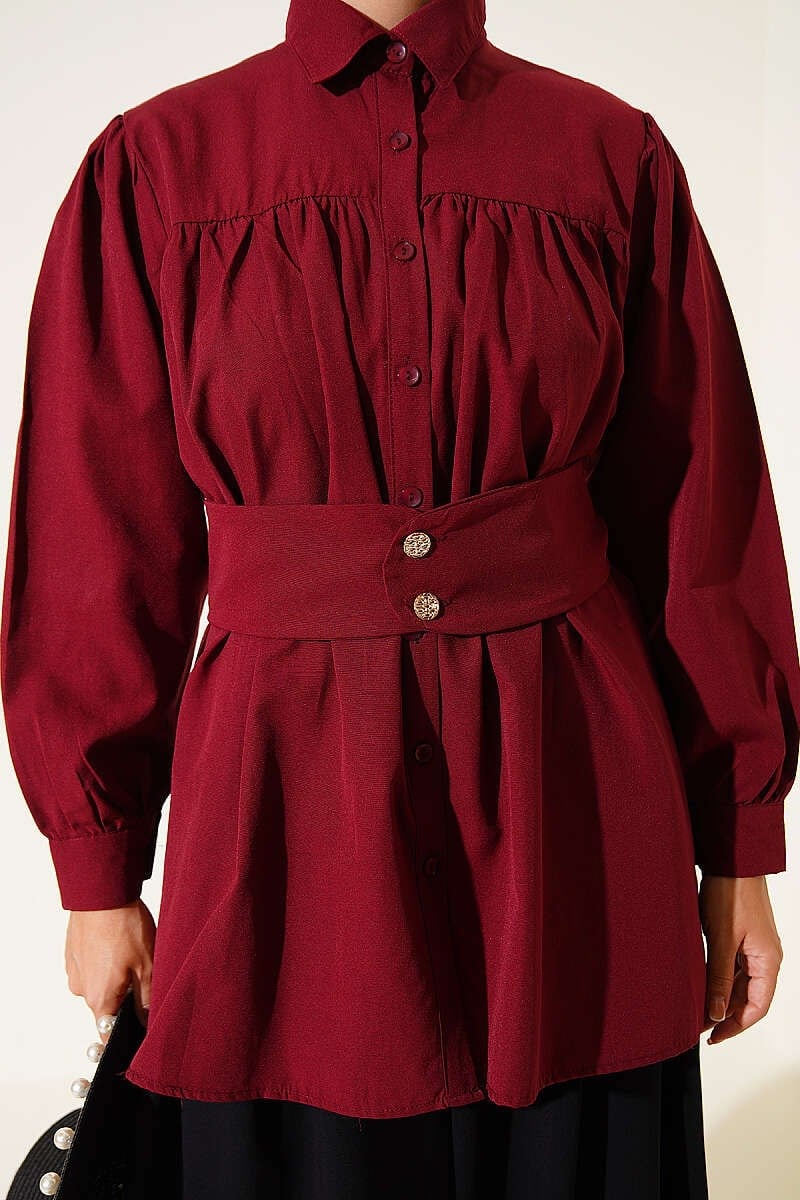 Manşet Düğmeli Kuşaklı Gömlek Bordo