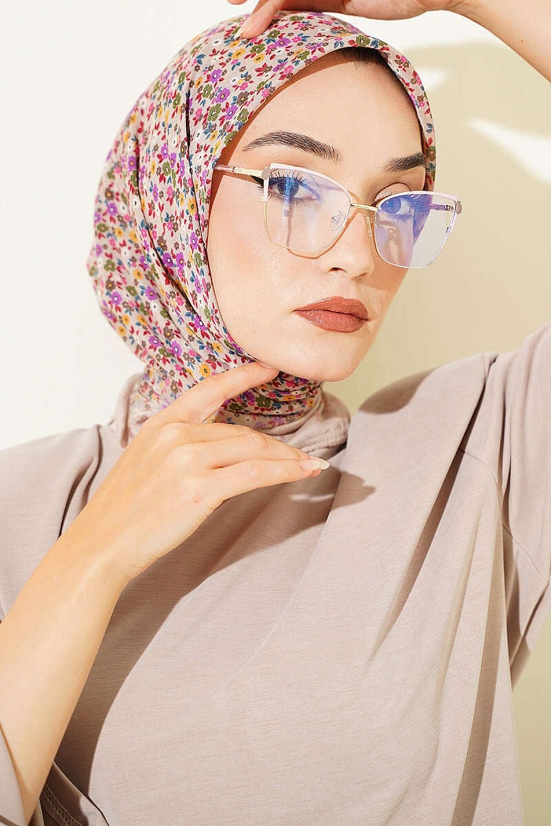Mini Çiçek Detaylı Eşarp Kum Bej