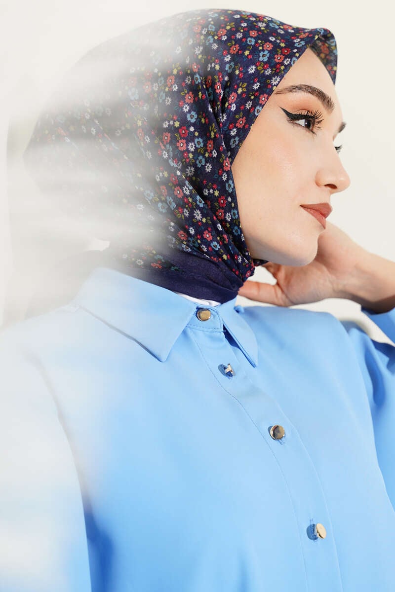 Mini Çiçek Detaylı Eşarp Lacivert