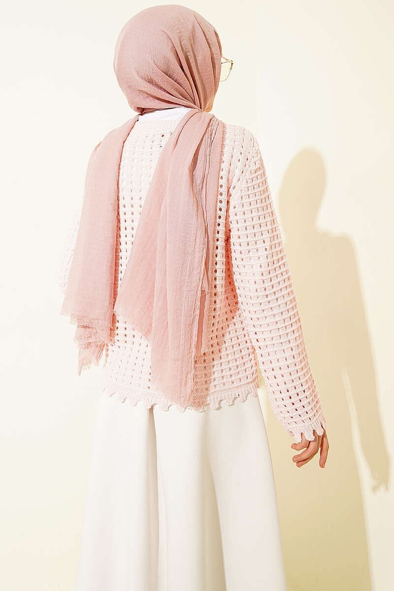 Mini Çiçek Nakışlı Kısa Triko Hırka Pembe