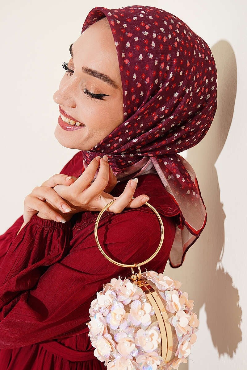 Mini Çiçekli Çizgi Geçişli Eşarp Bordo