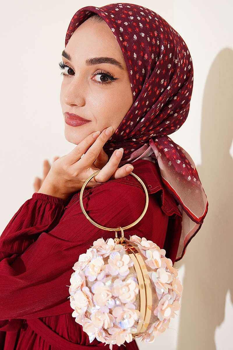 Mini Çiçekli Çizgi Geçişli Eşarp Bordo