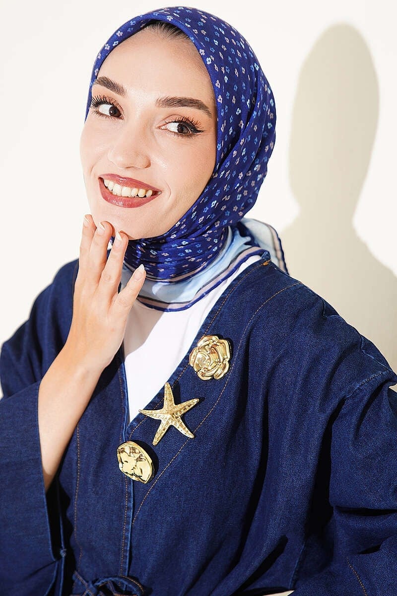Mini Çiçekli Çizgi Geçişli Eşarp Lacivert
