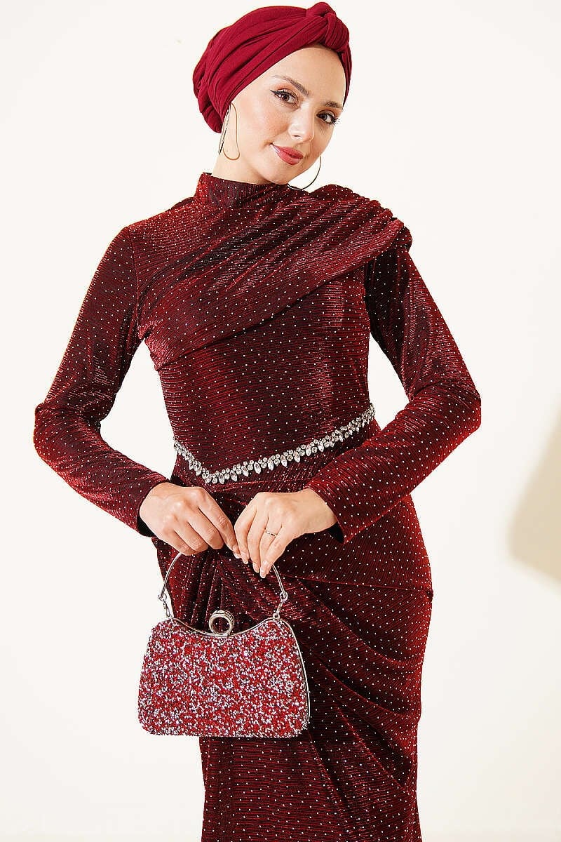 Mini Taş Detaylı Abiye Elbise Bordo