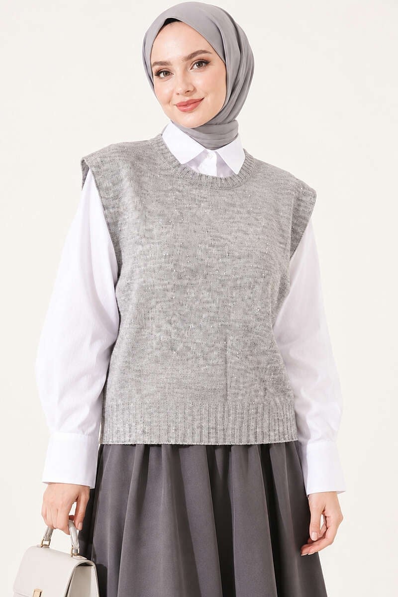 Mini Taş Detaylı Triko Süveter Gri