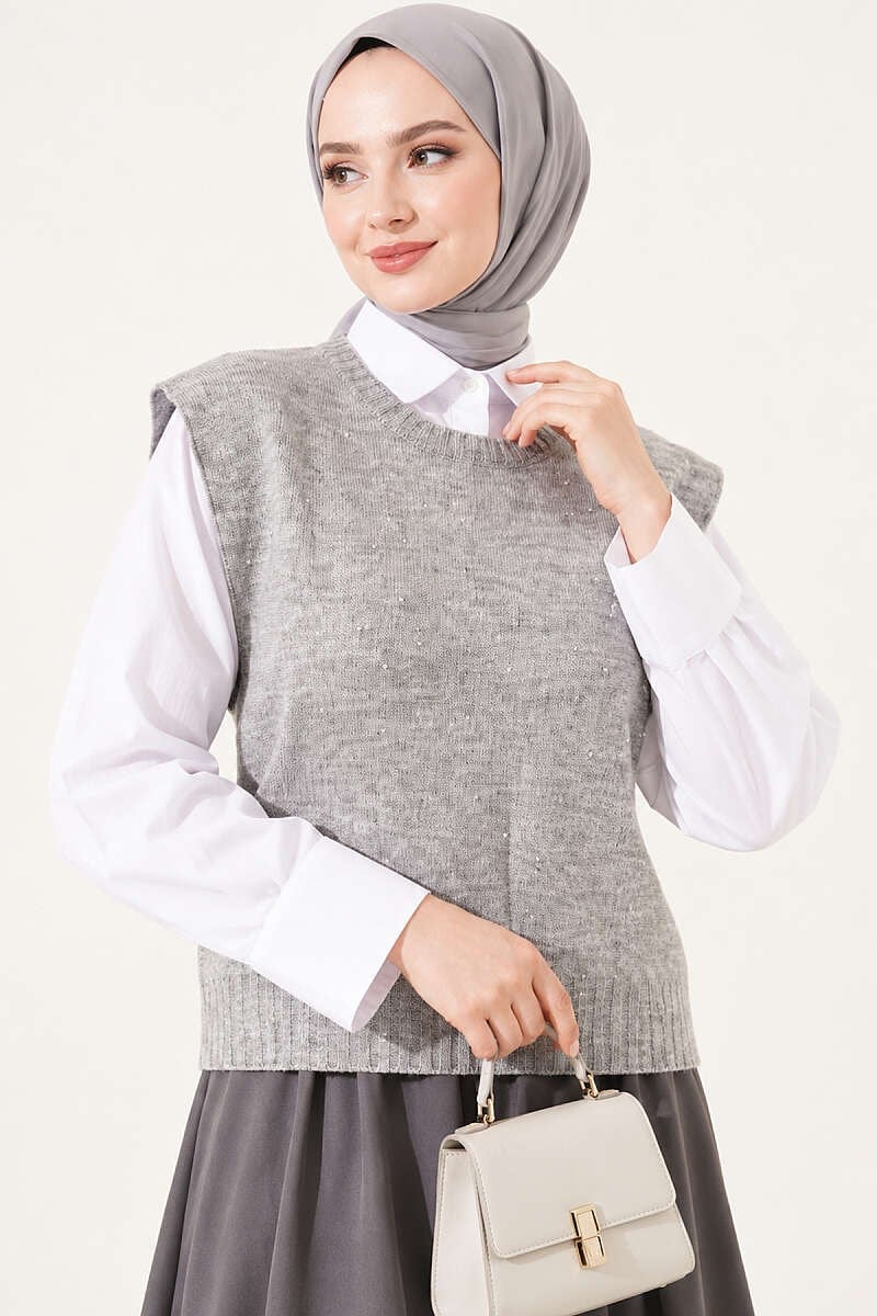 Mini Taş Detaylı Triko Süveter Gri