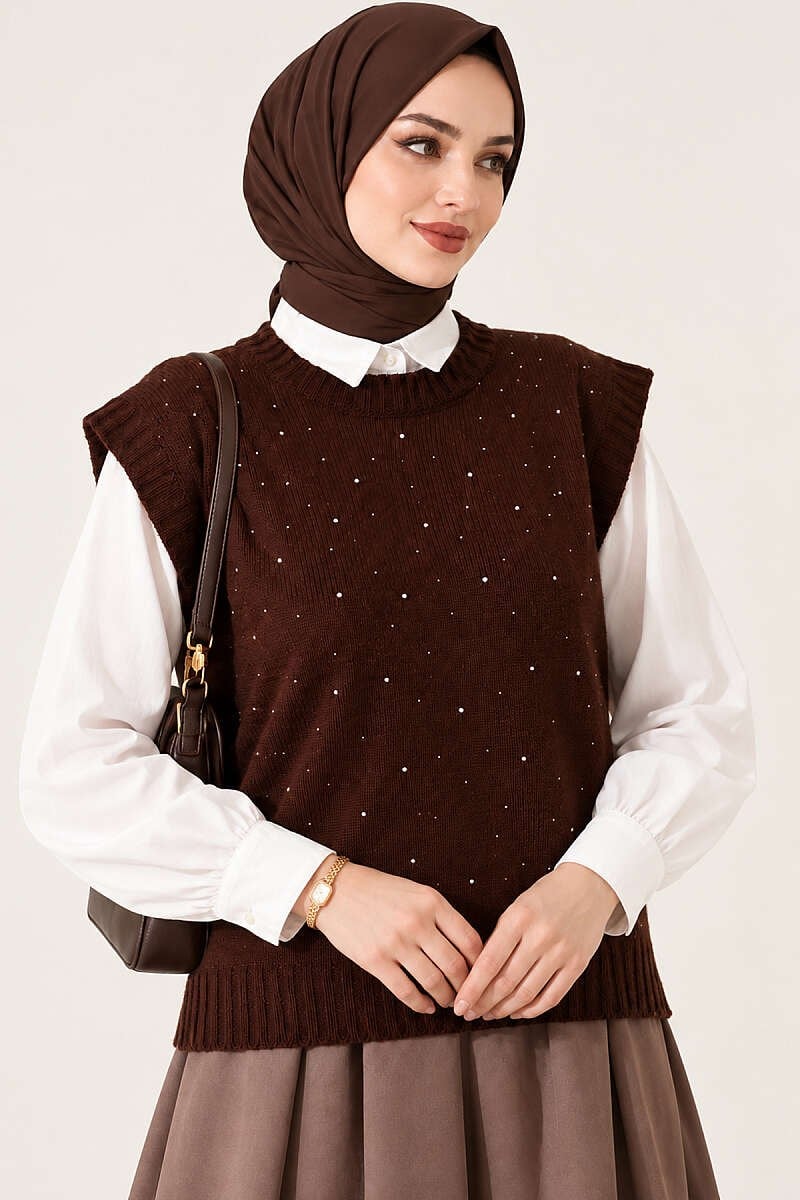 Mini Taş Detaylı Triko Süveter Kahve