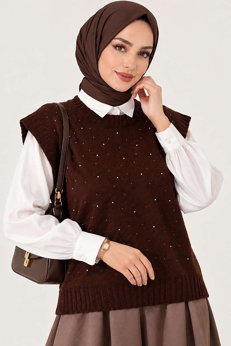 Mini Taş Detaylı Triko Süveter Kahve