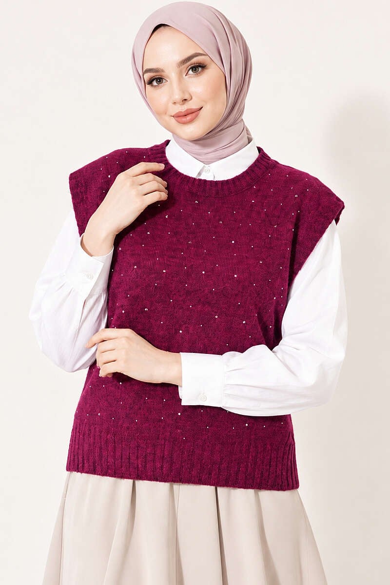 Mini Taş Detaylı Triko Süveter Magenta