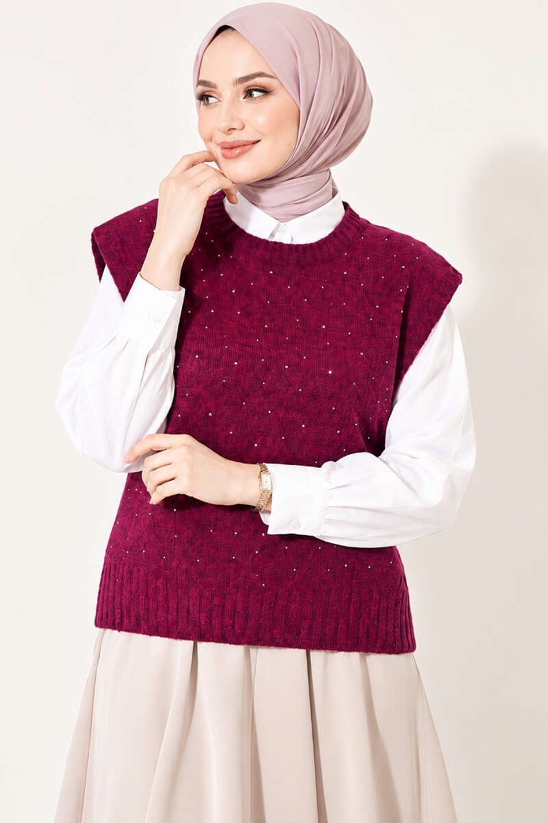 Mini Taş Detaylı Triko Süveter Magenta