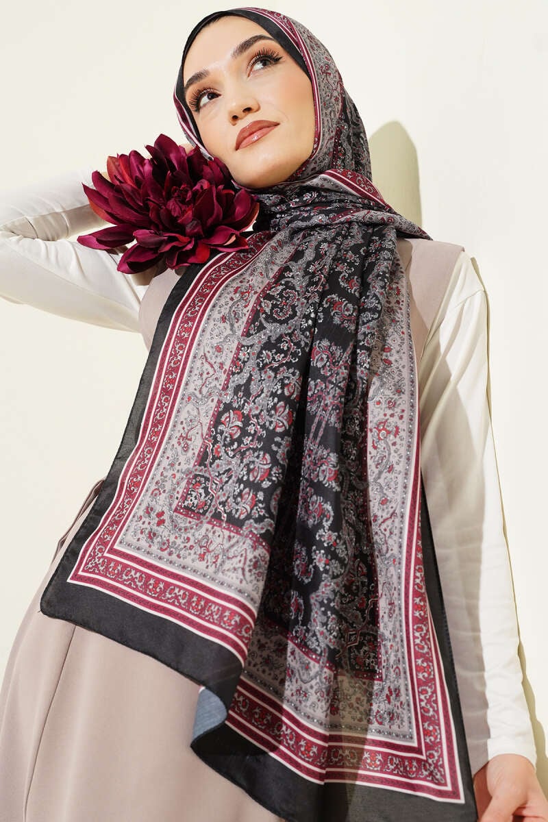 Minik Çiçek Motifli Soft Şal Siyah Bordo