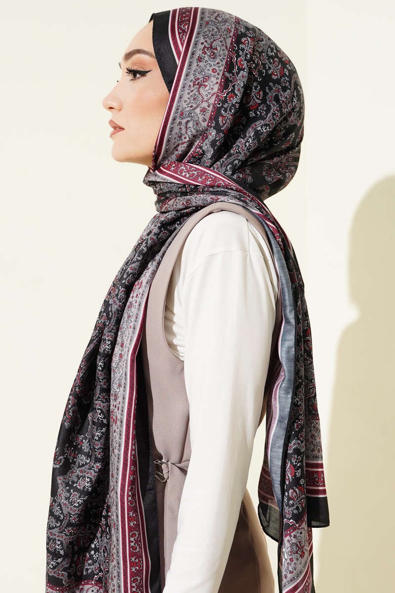 Minik Çiçek Motifli Soft Şal Siyah Bordo