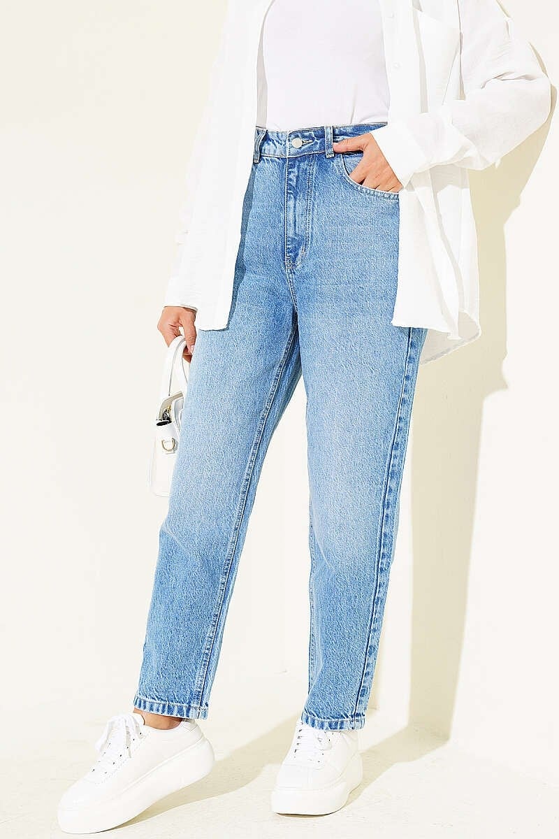 Mom Fit Kot Pantolon Orta Mavi