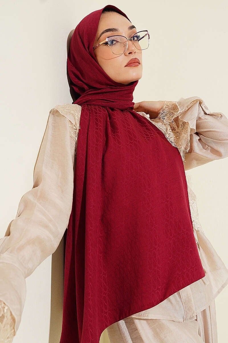Monogram Desen Pamuk Ayrobin Şal Bordo