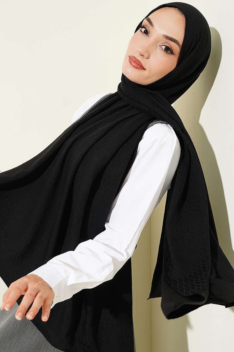 Monogram Desen Pamuk Ayrobin Şal Siyah