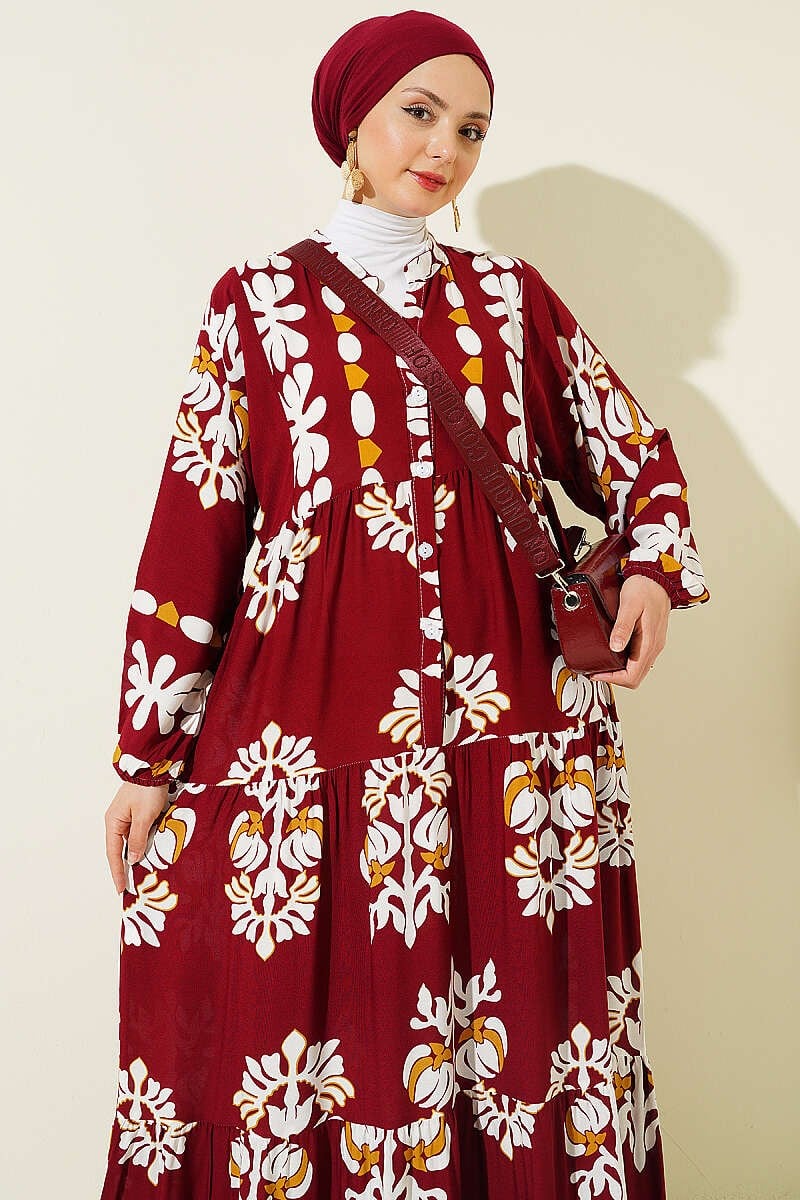 Motif Desen Hakim Yaka Elbise Bordo