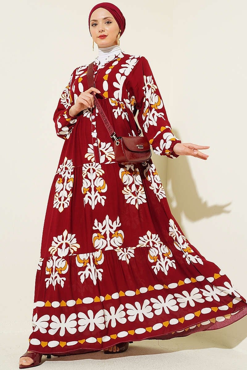 Motif Desen Hakim Yaka Elbise Bordo