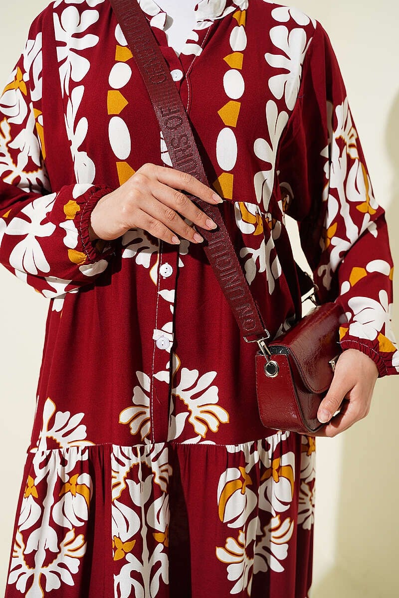 Motif Desen Hakim Yaka Elbise Bordo