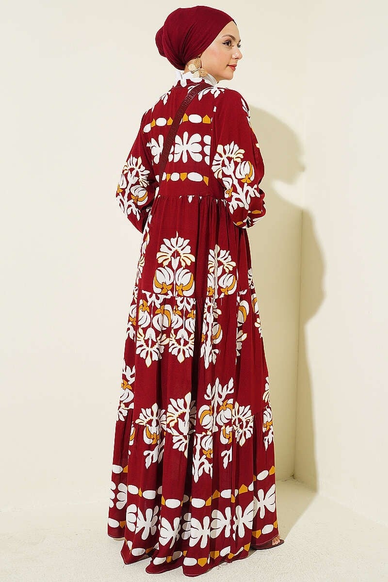 Motif Desen Hakim Yaka Elbise Bordo