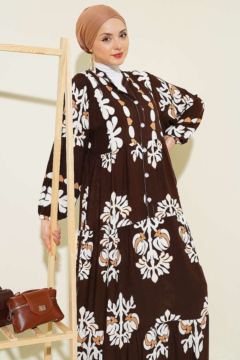 Motif Desen Hakim Yaka Elbise Kahve