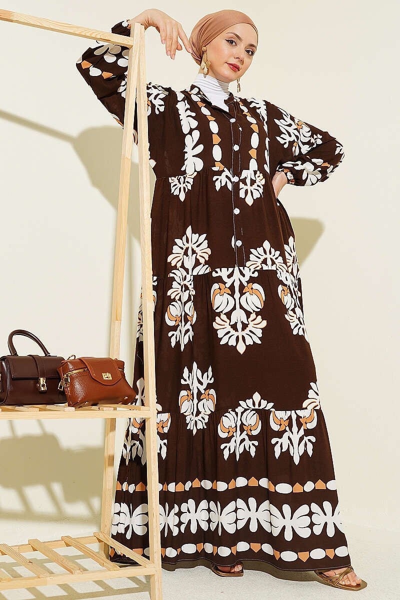 Motif Desen Hakim Yaka Elbise Kahve