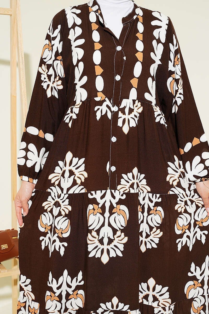 Motif Desen Hakim Yaka Elbise Kahve