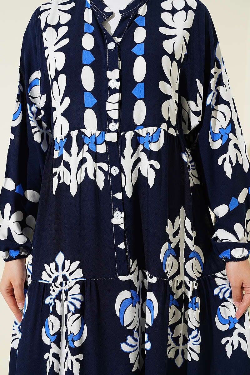 Motif Desen Hakim Yaka Elbise Lacivert