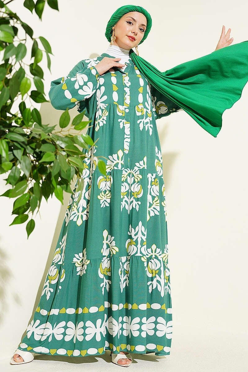 Motif Desen Hakim Yaka Elbise Yeşil