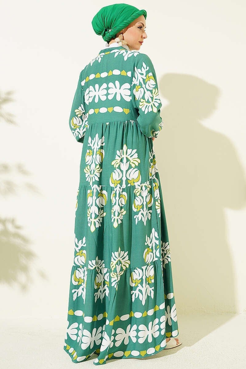 Motif Desen Hakim Yaka Elbise Yeşil