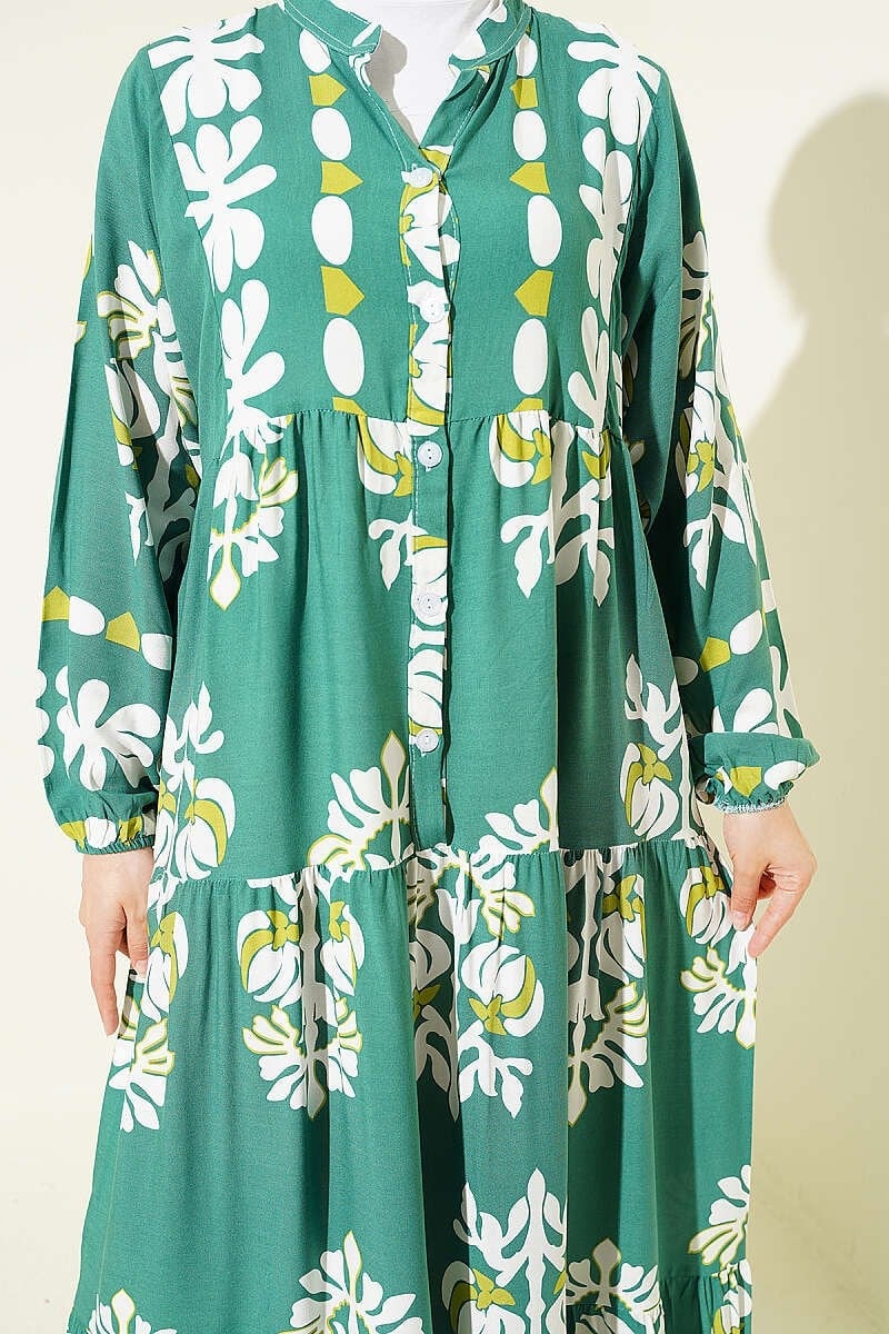 Motif Desen Hakim Yaka Elbise Yeşil
