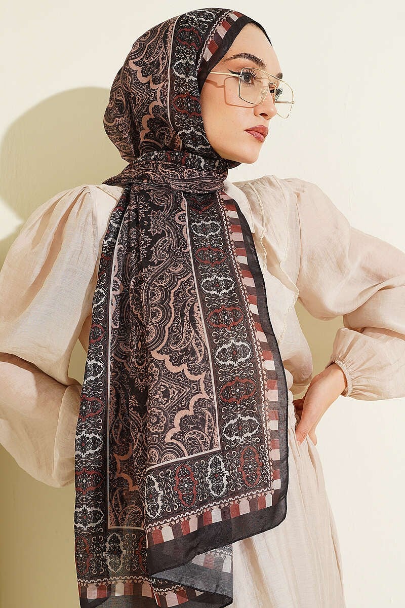 Motif Desenli Soft Şal Acı Kahve