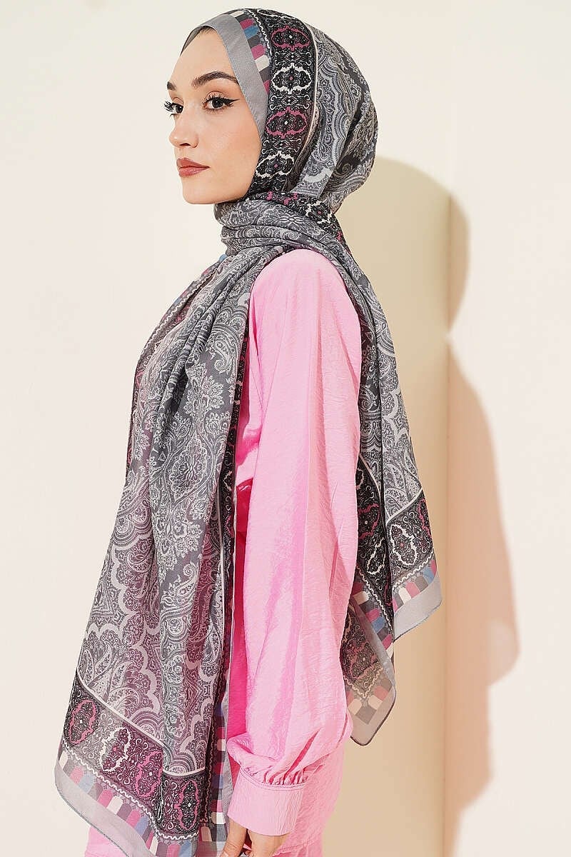 Motif Desenli Soft Şal Gri