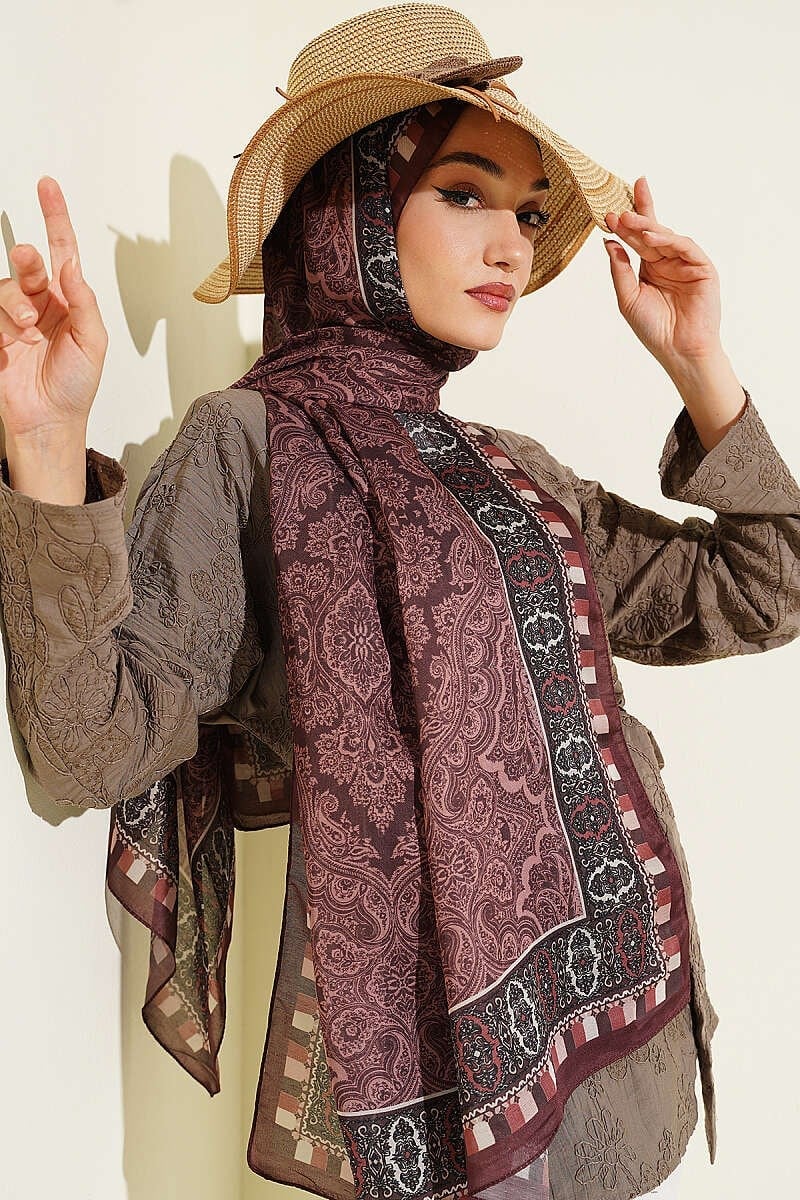 Motif Desenli Soft Şal Kahve