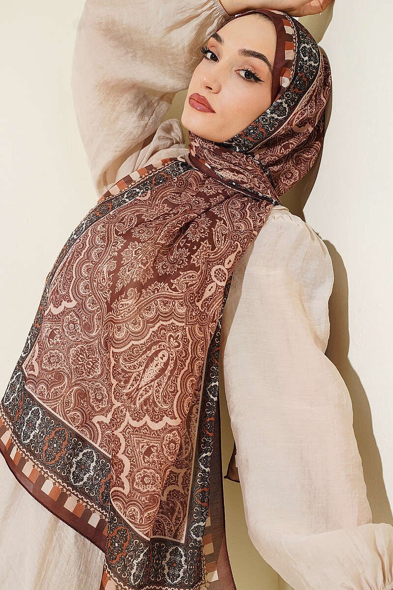 Motif Desenli Soft Şal Kestane